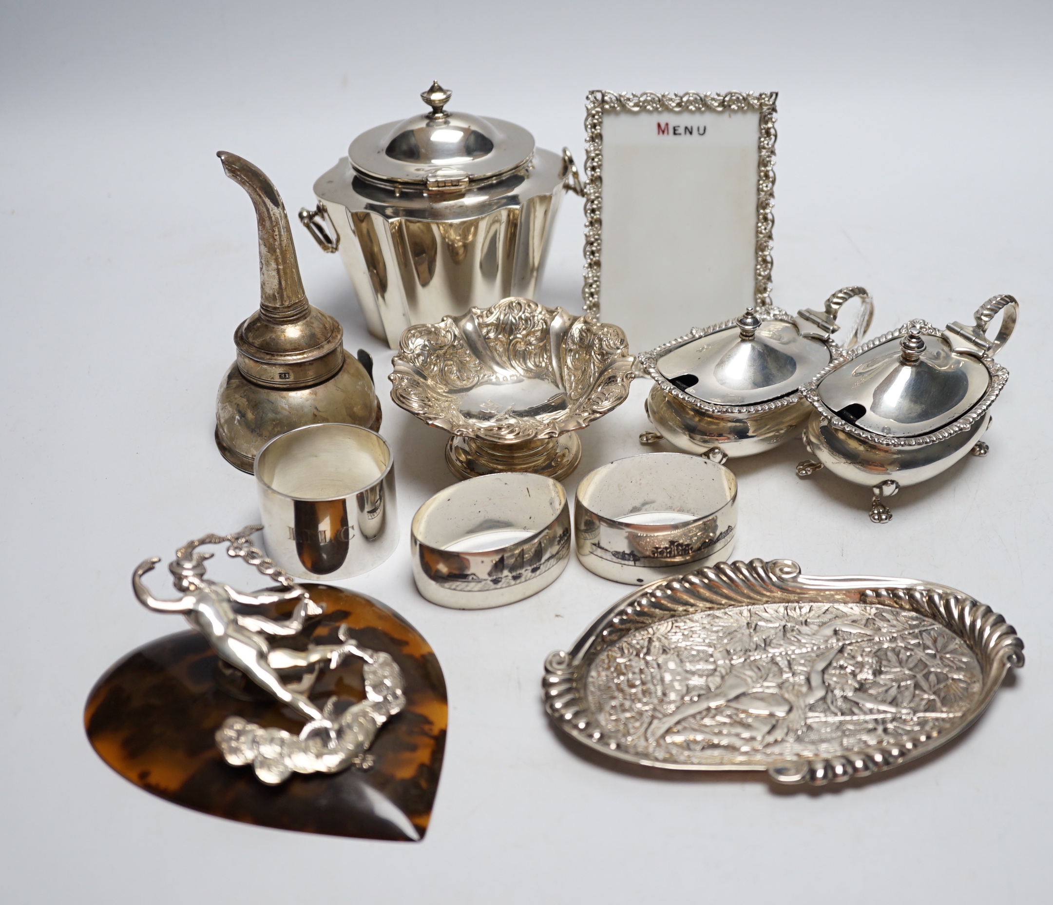 Sundry small silver etc. including an Edwardian silver tea caddy, London, 1902, 98mm, napkin rings including Persian white metal, a tortoiseshell letter clip, thimbles, condiments etc.